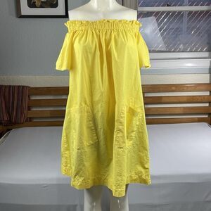 OVS Off Shoulder Mini Dress Women’s M Yellow Cotton Bohochic Minimalist Earthy